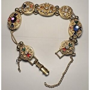 Vintage Slide Charm Bracelet Victorian Style Gold Tone Enamel & Rhinestones 7.25